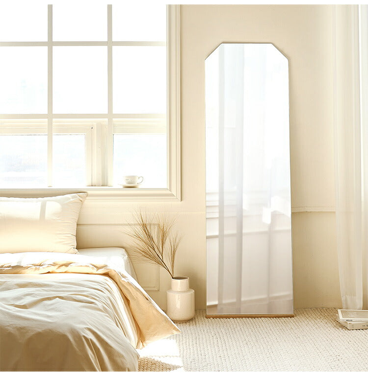 roomhome×リコメン堂 ミラー 全身鏡 天然オーク材使用 高さ160cm×60cm 姿見 鏡 スタンドミラー アンティークミラー 全身ミラー 飛散防止 六角形 フレームレス ルームアンドホーム(代引不可)