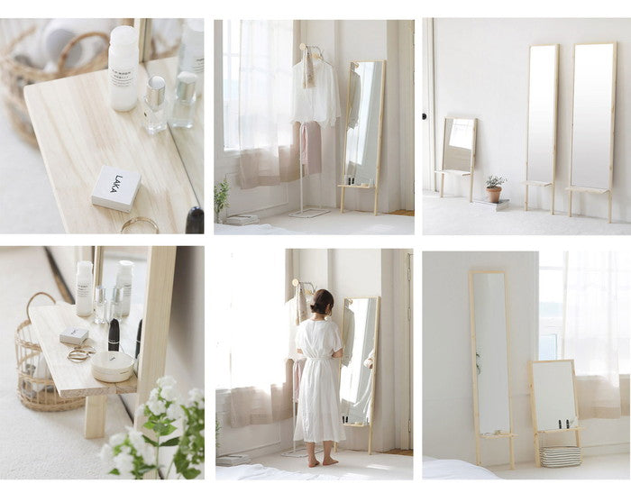 Roomnhome 棚付き 姿見 ミラー 全身 スタンドミラー 30×159×16.5cm 収納付 ドレッサー 化粧鏡 化粧ミラー 全身鏡 収納 フィンランド産パイン材使用 飛散防止 【公式販売店】(代引不可)