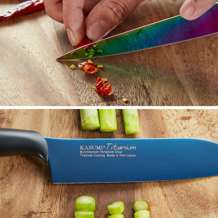 スミカマ 日本製 霞 KASUMI チタニウム 包丁セット 三徳包丁 シャープナー 2点セット 三徳18cm 砥石 青い包丁 関の刃物 職人仕上げ チタンコーティング 刃物のまち 岐阜県関市 SUMIKAMA