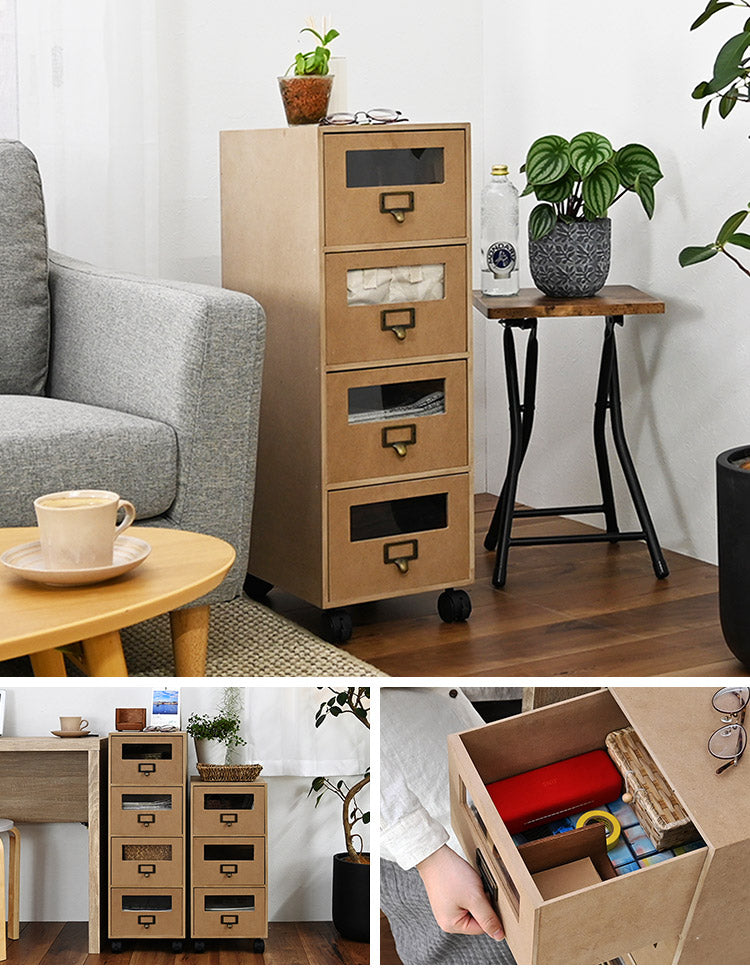 完成品 チェスト 中身が見えるチェスト4段 A4サイズ収納可能 キャスター付き 小窓付き タンス ワイドチェスト 引き出し リビングチェスト 収納ケース 収納チェスト(代引不可)