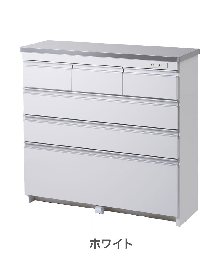 【完成品 日本製】キッチンカウンター ステンレス天板 幅90 高さ85 4段 背面化粧仕上げ 鏡面仕上げ 間仕切り オープンスライド 完成品 国産 テーブル 食器棚 キッチンボード 引き出し(代引不可)