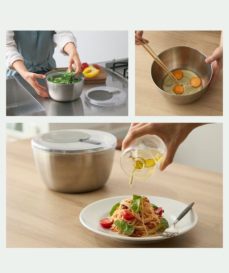 日本製 4way サラダスピナー ステンレス 21cm 取っ手がたためる コンパクト フラット 野菜水切り器 サラダボウル ザル ざる セット 回転式 フォーウェイ 365methods 国産 おしゃれ