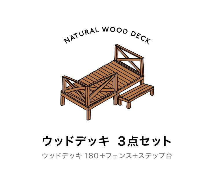 天然木 ウッドデッキ キット 0.5坪 セット 3点セット ウッドデッキ180+手すり+ステップ台 縁台 濡れ縁 キット ガーデンデッキ ガーデニング(代引不可)
