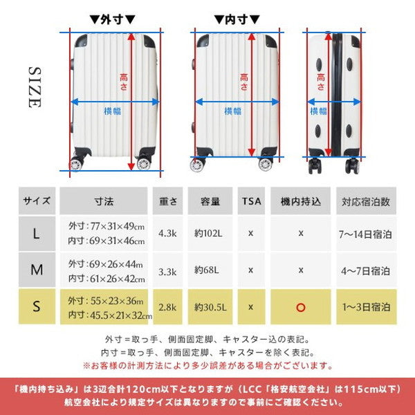 スーツケース Mサイズ 68L キャリーケース キャリーバッグ おしゃれ 可愛い かわいい ABS樹脂+エンボス加工 ダイヤル式ロック 国内 旅行 出張 ビジネス トラベル(代引不可)