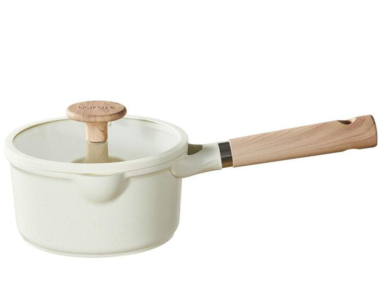 カローテ CAROTE 片手鍋 16cm ガラス蓋セット ソースパン IH対応 PFOAフリー IH ガス火対応 ガラス蓋 ふっ素加工 コーティング 注ぎ口付き お手入れ簡単 アイボリー NM-5009 COSY-ICE かわいい