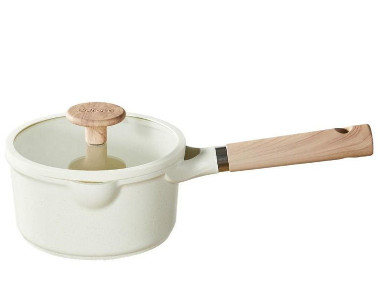 カローテ CAROTE 片手鍋 18cm ガラス蓋セット ソースパン IH対応 PFOAフリー IH ガス火対応 ガラス蓋 ふっ素加工 コーティング 注ぎ口付き お手入れ簡単 アイボリー NM-5010 COSY-ICE かわいい