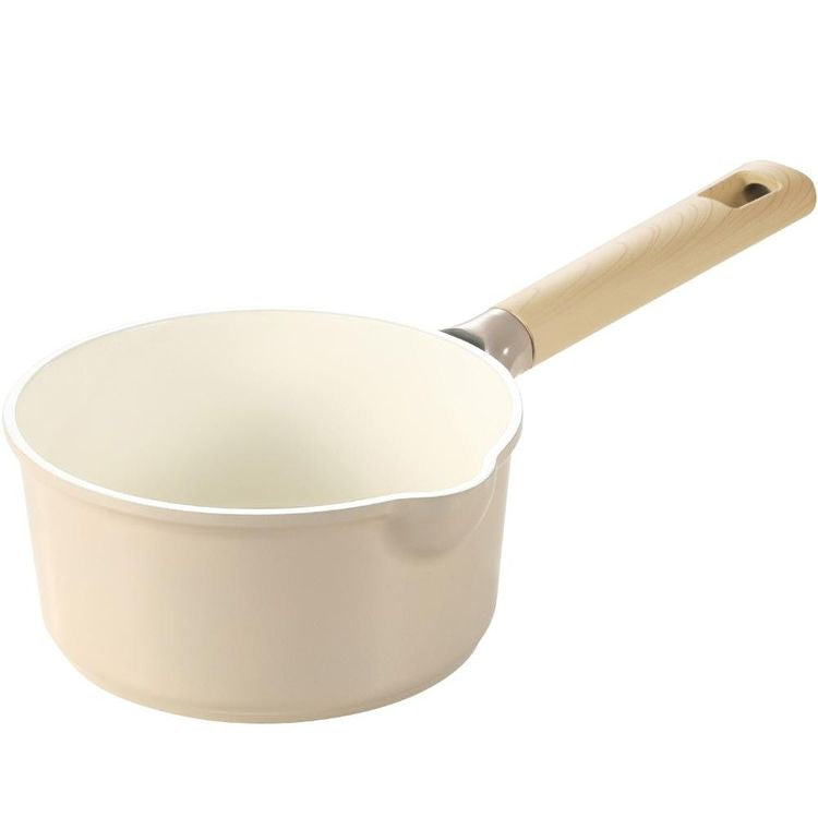 カローテ CAROTE 片手鍋 16cm ソースパン ふっ素不使用 IH対応 PFOAフリー IH ガス火対応 ガラス蓋付き 注ぎ口付き 洗いやすい 握りやすい ミルクティー NM-5091 COSY-ICE