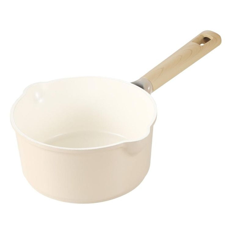 カローテ CAROTE 片手鍋 18cm ソースパン ふっ素不使用 IH対応 PFOAフリー IH ガス火対応 ガラス蓋付き 注ぎ口付き 洗いやすい 握りやすい ミルクティー NM-5092 COSY-ICE