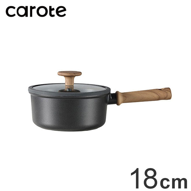 カローテ CAROTE 片手鍋 ソースパン 18cm IH対応 PFOAフリー IH ガス火対応 木目調 木目 チタンコーティング チタン ガラス蓋付 ブラック NM-5107