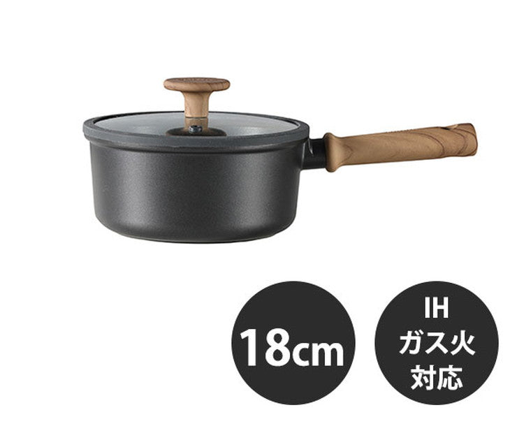 カローテ CAROTE 片手鍋 ソースパン 18cm IH対応 PFOAフリー IH ガス火対応 木目調 木目 チタンコーティング チタン ガラス蓋付 ブラック NM-5107