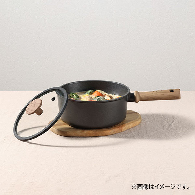 カローテ CAROTE 片手鍋 ソースパン 18cm IH対応 PFOAフリー IH ガス火対応 木目調 木目 チタンコーティング チタン ガラス蓋付 ブラック NM-5107