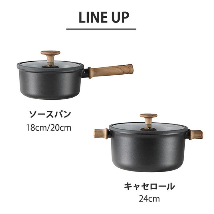 カローテ CAROTE 片手鍋 ソースパン 18cm IH対応 PFOAフリー IH ガス火対応 木目調 木目 チタンコーティング チタン ガラス蓋付 ブラック NM-5107