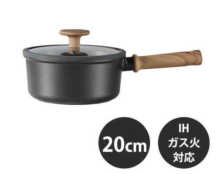 カローテ CAROTE 片手鍋 ソースパン 20cm IH対応 PFOAフリー IH ガス火対応 木目調 木目 チタンコーティング チタン ガラス蓋付 ブラック NM-5108