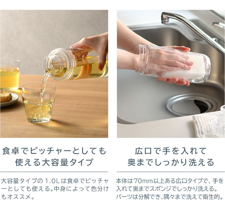 LIPPY 洗いやすい ウォーターボトル 1L 1リットル 日本製 メモリ付き 軽量 トライタン 透明 広口 水筒 ボトル 常温ボトル パッキン付き ハンドル付き クリア ブルー グレー BC-1000 OSK オーエスケー
