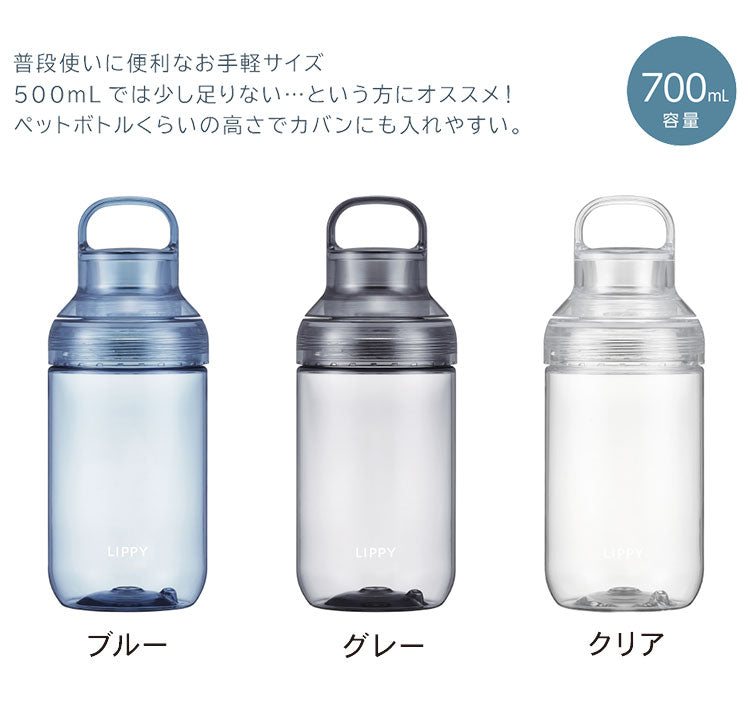LIPPY 洗いやすい ウォーターボトル 1L 1リットル 日本製 メモリ付き 軽量 トライタン 透明 広口 水筒 ボトル 常温ボトル パッキン付き ハンドル付き クリア ブルー グレー BC-1000 OSK オーエスケー
