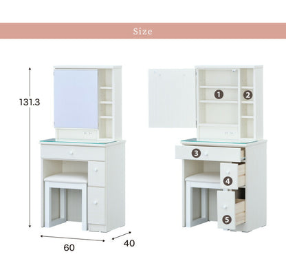 ドレッサー デスク 一面鏡 幅60cm 完成品 かわいい 収納 コンセント付き スツール付き 椅子付き ガラス天板 棚 北欧 モダン おしゃれ コンパクト 化粧台 メイク台 引き出し 姫系 鏡台 1面鏡 可愛い(代引不可)
