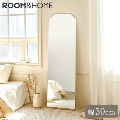 roomhome×リコメン堂 ミラー 全身鏡 天然オーク材使用 高さ160cm×50cm 姿見 鏡 スタンドミラー アンティークミラー 全身ミラー 飛散防止 六角形 フレームレス ルームアンドホーム(代引不可)