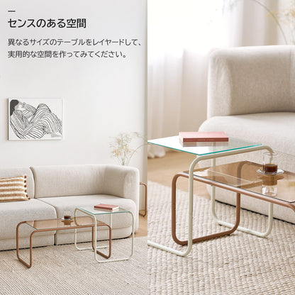roomnhome ガラス サイドテーブル 幅80 テーブル セット スチール ミッドセンチュリー ダイニングテーブル センターテーブル 机 デスク ソファテーブル リビングテーブル おしゃれ 棚付き