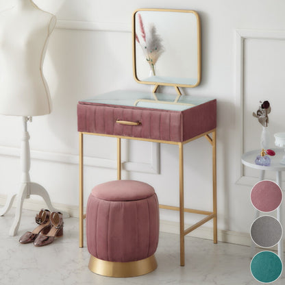 ドレッサー ベロア調 幅60 スクエアタイプ くすみカラー おしゃれ 姫系 かわいい 北欧風 韓国インテリア 収納スツール ベルベット調 鏡台 化粧台 コスメ台 ピンク グリーン グレー(代引不可)