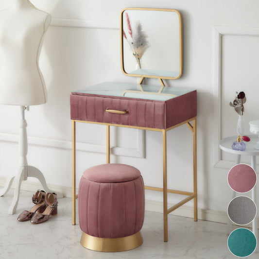ドレッサー ベロア調 幅60 スクエアタイプ くすみカラー おしゃれ 姫系 かわいい 北欧風 韓国インテリア 収納スツール ベルベット調 鏡台 化粧台 コスメ台 ピンク グリーン グレー(代引不可)