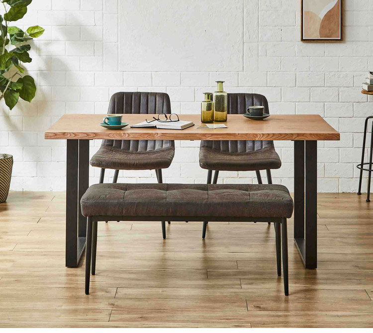 ダイニングテーブル 150cm幅 単品 一枚板風 耳付き オーク ウォールナット 天然木 突板 木目 4人掛け 4人用 モダン おしゃれ 北欧 鉄脚 アイアン レトロ シャカ テーブル 机 インテリア(代引不可)