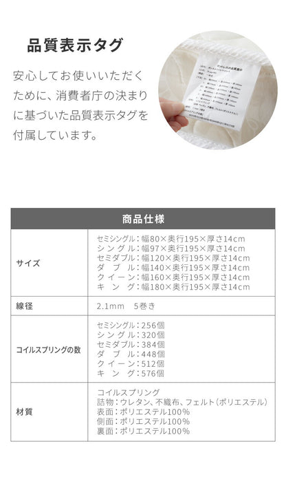 ボンネルコイル マットレス シングル 厚さ14cm 圧縮梱包 ホワイト 通気性 硬め ベッド ボンネルコイルロールマットレス ボンネル コイル スプリング ベッドマット マット 厚み14cm ロール梱包