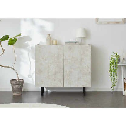 キャビネット ストーン調 幅90cm チェスト リビングボード 開き扉 セラミック調 グレー 収納棚 サイドボード サイドチェスト サイドキャビネット テレビ台 ハイタイプ 脚付き スチール脚