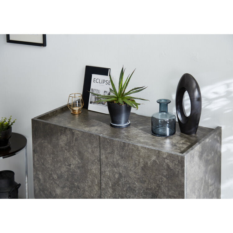 キャビネット ストーン調 幅90cm チェスト リビングボード 開き扉 セラミック調 グレー 収納棚 サイドボード サイドチェスト サイドキャビネット テレビ台 ハイタイプ 脚付き スチール脚