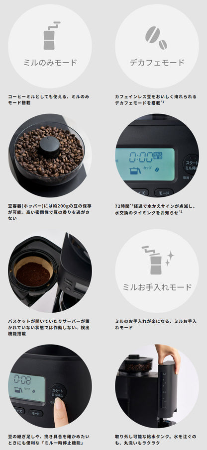 シロカ siroca コーン式全自動コーヒーメーカー カフェばこPRO CM-6C271 ミル付 ガラスサーバー ステンレスフィルター 保温 温度 挽き目 自動計量 給水タンク着脱 スリム コンパクト 大容量 タイマー