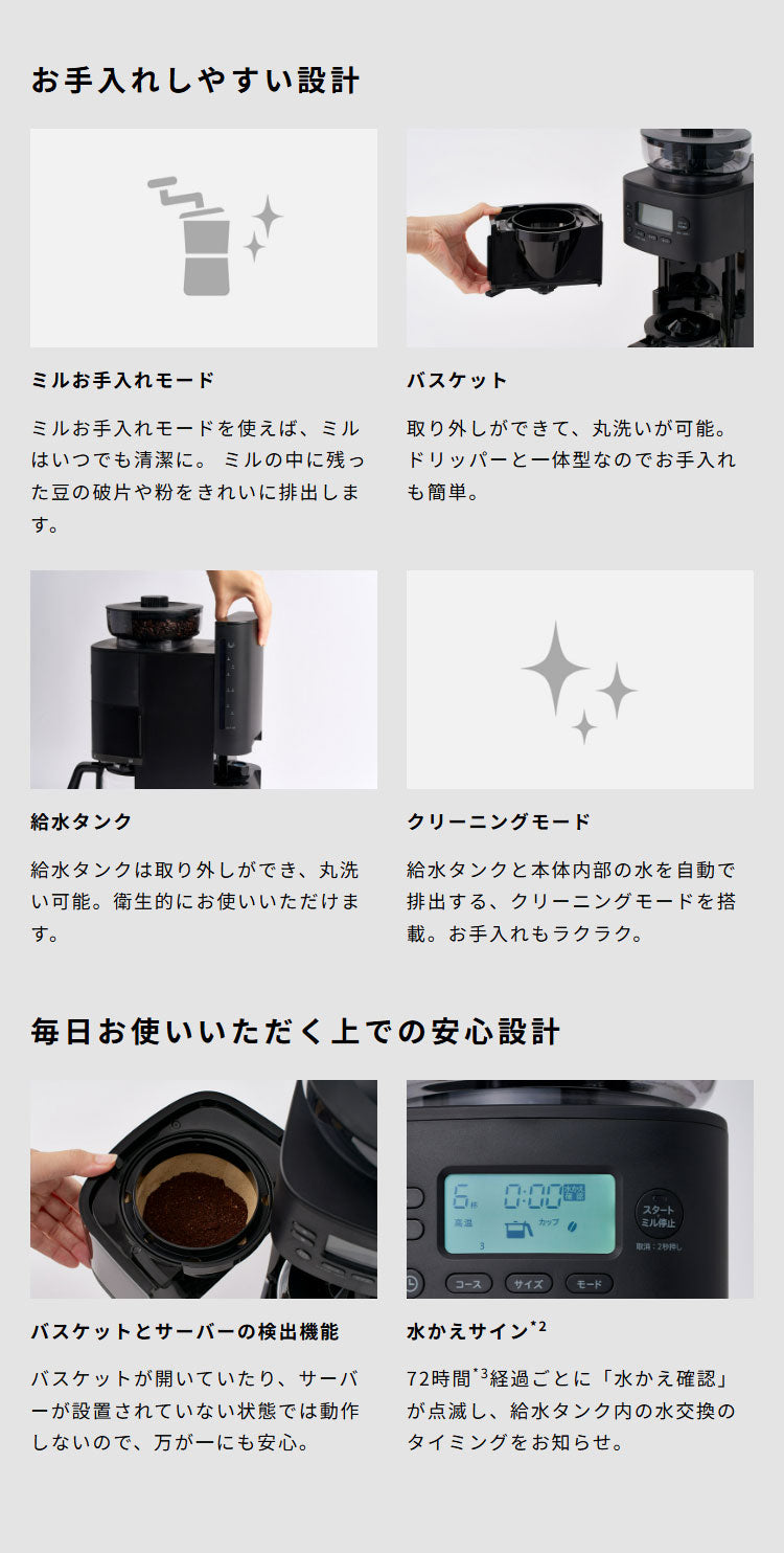 シロカ siroca コーン式全自動コーヒーメーカー カフェばこPRO CM-6C271 ミル付 ガラスサーバー ステンレスフィルター 保温 温度 挽き目 自動計量 給水タンク着脱 スリム コンパクト 大容量 タイマー