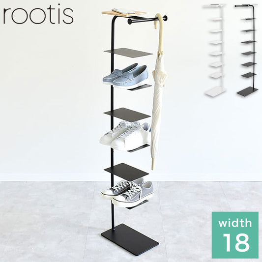 rootis 日本製 シューズラック 7足収納 幅18cm スリム 傘掛け 天板付き 棚付き スチール 天然木 ディスプレイ 靴箱 玄関収納 傘立て おしゃれ(代引不可)