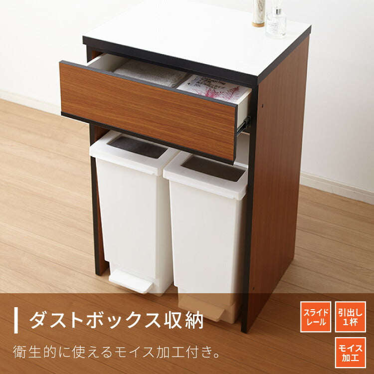 キッチンカウンター 120 完成品 FRON120 引き出し収納 ダストボックス収納 モイス加工 ごみ箱 間仕切り 背面化粧 奥行45 高さ93 フルオープンレール ポリエステル化粧板(代引不可)
