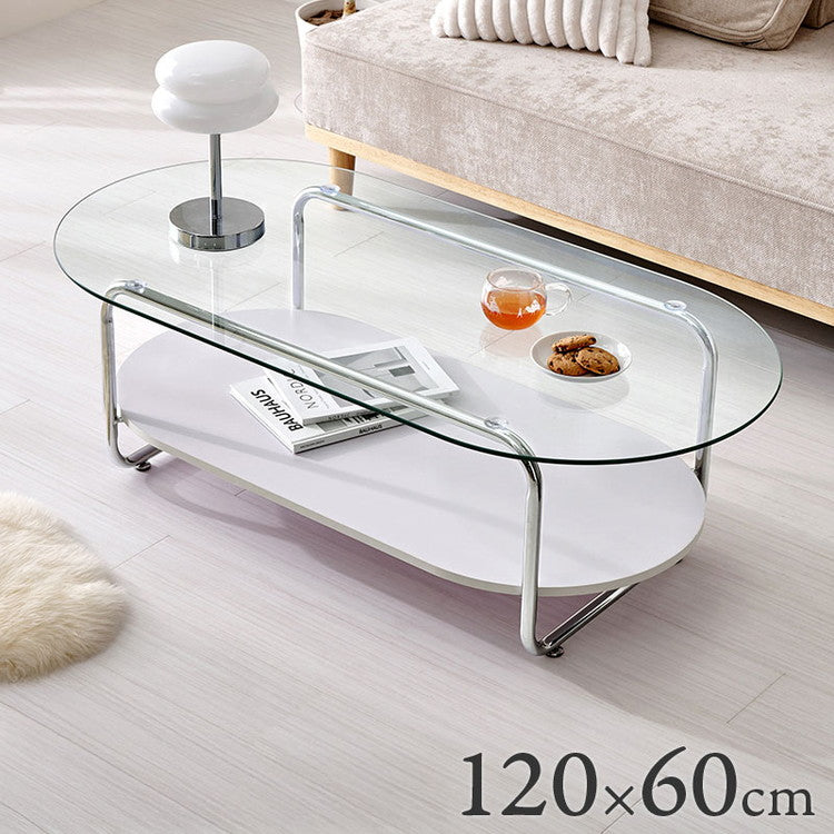 棚付き ガラステーブル 楕円 120×60cm ミッドセンチュリー おしゃれ センターテーブル ローテーブル ガラス シルバー シンプル モダン 北欧 韓国インテリア おしゃれ(代引不可)