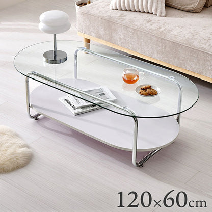棚付き ガラステーブル 楕円 120×60cm ミッドセンチュリー おしゃれ センターテーブル ローテーブル ガラス シルバー シンプル モダン 北欧 韓国インテリア おしゃれ(代引不可)