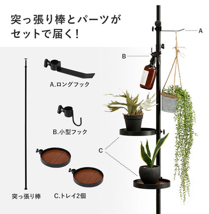 突っ張り棚 縦型 5点セット 円形トレイ2個&フック 突っ張り棒 おしゃれ ポール つっぱり 壁面収納 天井 突っ張りラック つっぱり棚 リビング 玄関 デスク横(代引不可)