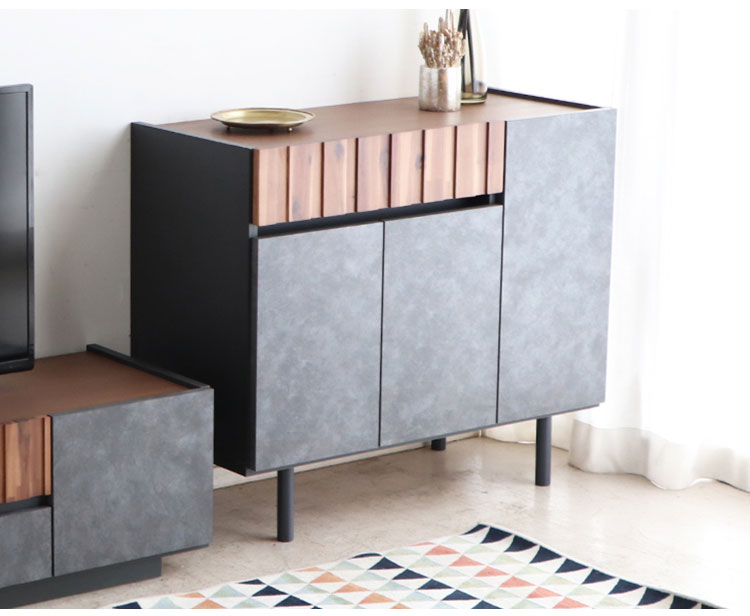 キャビネット 幅120cm 日本製 完成品 サイドボード チェスト リビングボード 脚付き コンクリート調 引き出し収納 コード穴 モダン おしゃれ 木製 アカシア材 リビング(代引不可)