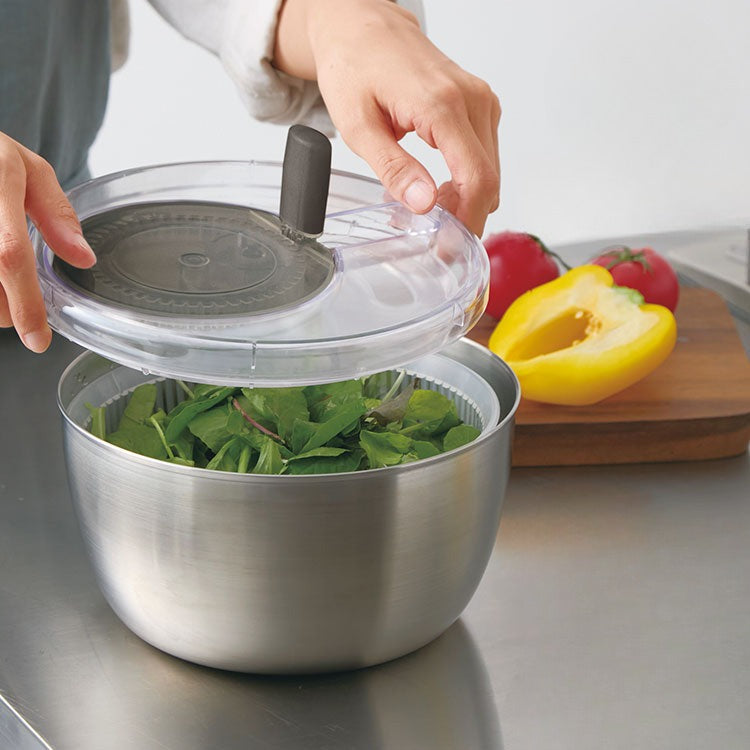 日本製 4way サラダスピナー ステンレス 21cm 取っ手がたためる コンパクト フラット 野菜水切り器 サラダボウル ザル ざる セット 回転式 フォーウェイ 365methods 国産 おしゃれ