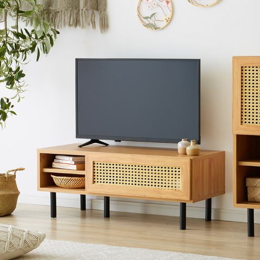 テレビ台 幅90cm テレビボード ラタン調 コード穴 脚付き テレビラック ローボード TVボード TV台 収納棚 リビング 収納 ラタン風 木製 スチール脚 木目調 おしゃれ 韓国インテリア(代引不可)