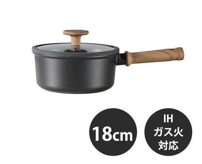 カローテ CAROTE 片手鍋 ソースパン 18cm IH対応 PFOAフリー IH ガス火対応 木目調 木目 チタンコーティング チタン ガラス蓋付 ブラック NM-5107
