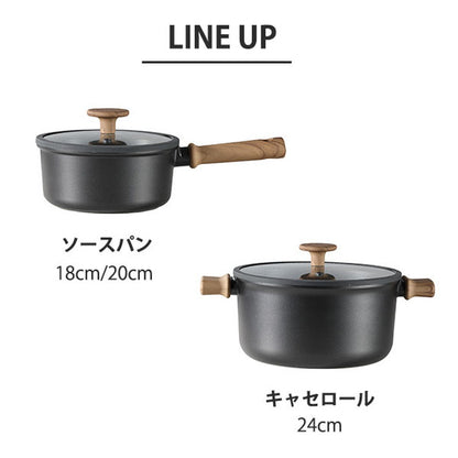 カローテ CAROTE 片手鍋 ソースパン 18cm IH対応 PFOAフリー IH ガス火対応 木目調 木目 チタンコーティング チタン ガラス蓋付 ブラック NM-5107
