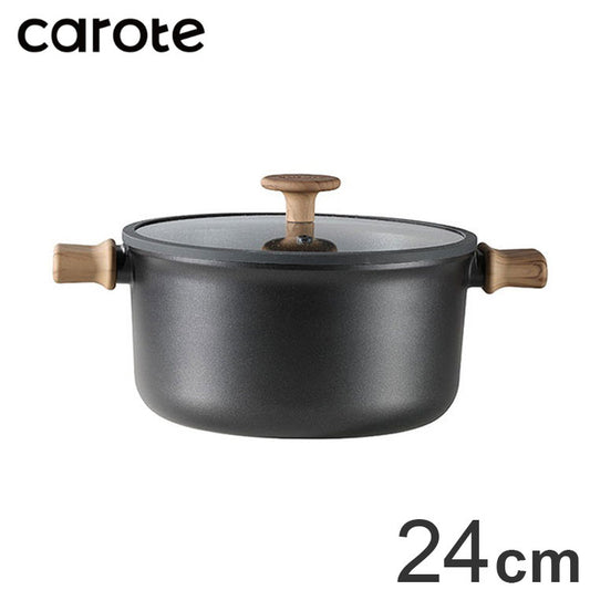 カローテ CAROTE 両手鍋 キャセロール 24cm IH対応 PFOAフリー IH ガス火対応 ガラス蓋付 木目調 木目 チタンコーティング チタン ブラック NM-5109