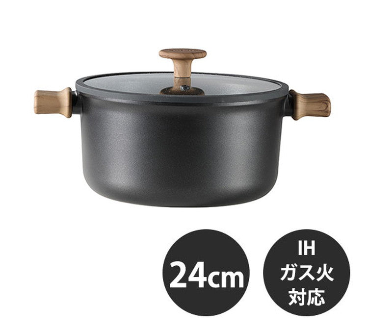 カローテ CAROTE 両手鍋 キャセロール 24cm IH対応 PFOAフリー IH ガス火対応 ガラス蓋付 木目調 木目 チタンコーティング チタン ブラック NM-5109