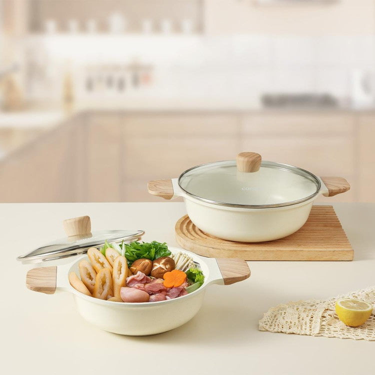 CAROTE カローテ 卓上鍋 両手鍋 22cm IH対応 1~2人用 小さめ 木柄 ガス火対応 ガラス蓋付 アイボリー NM-5151 COSY-ICE かわいい おしゃれ かわいい おしゃれ