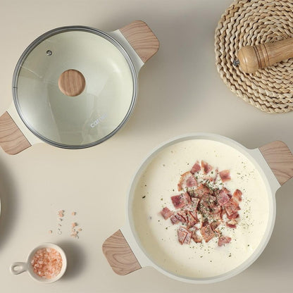 CAROTE カローテ 卓上鍋 両手鍋 26cm IH対応 3~4人 木柄 ガス火対応 ガラス蓋付 アイボリー NM-5152 COSY-ICE かわいい おしゃれ