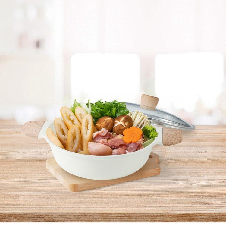 CAROTE カローテ 卓上鍋 両手鍋 26cm IH対応 3~4人 木柄 ガス火対応 ガラス蓋付 アイボリー NM-5152 COSY-ICE かわいい おしゃれ