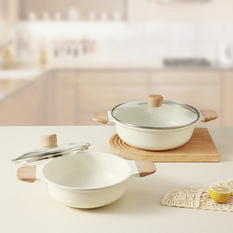 CAROTE カローテ 卓上鍋 両手鍋 26cm IH対応 3~4人 木柄 ガス火対応 ガラス蓋付 アイボリー NM-5152 COSY-ICE かわいい おしゃれ