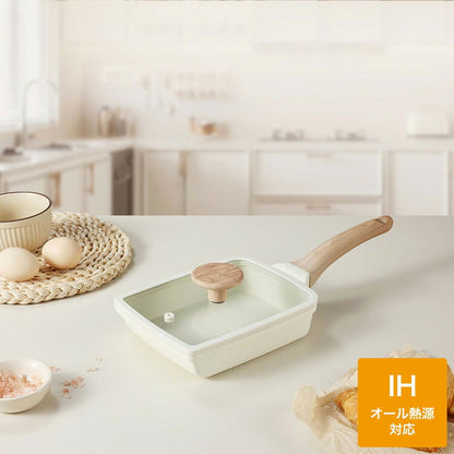 CAROTE カローテ 卵焼き器 ふっ素不使用 ガラス蓋 2点セット 14×18cm エッグパン IH対応 ガス火対応 アイボリー NM-5251 COSY-ICE かわいい おしゃれ