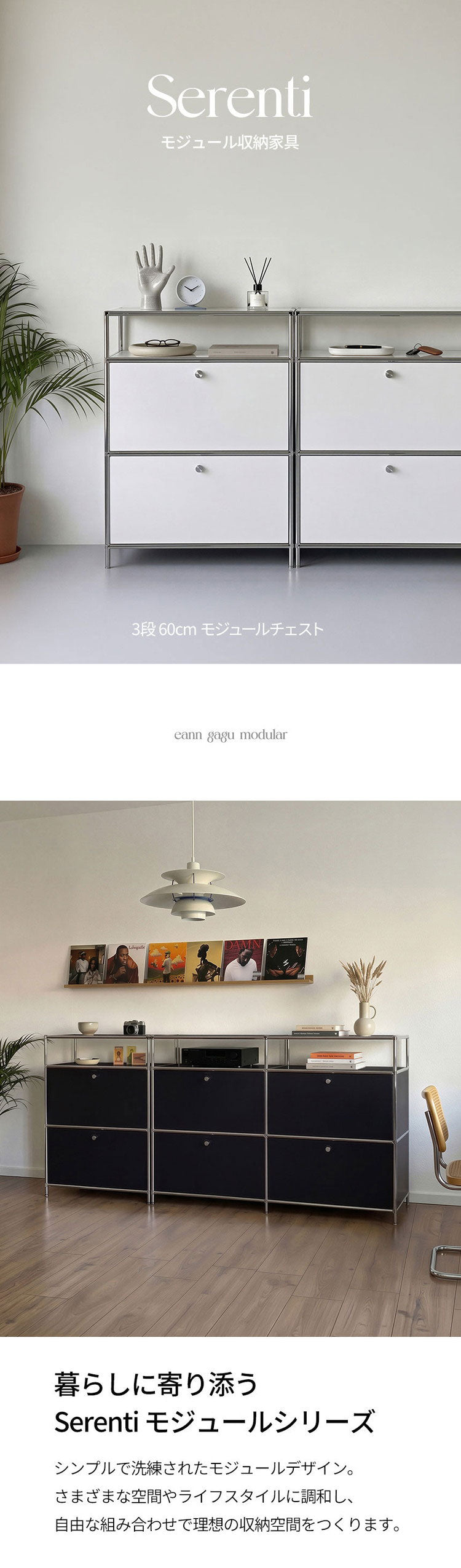 ステンレスモジュールキャビネット 60cm 2段 完成品 オールステンレス ミッドセンチュリー モジュール家具 モジュール棚 収納ラック 壁面 収納 キャビネット 韓国インテリア セレンティ