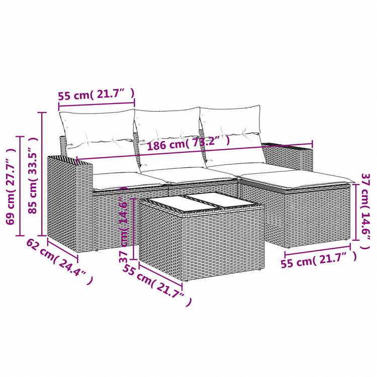 vidaXL ガーデンソファ5点セット クッション付き グレー ポリラタン製家具 アウトドア家具 屋外椅子 屋外用組み合わせソファセット(代引不可)